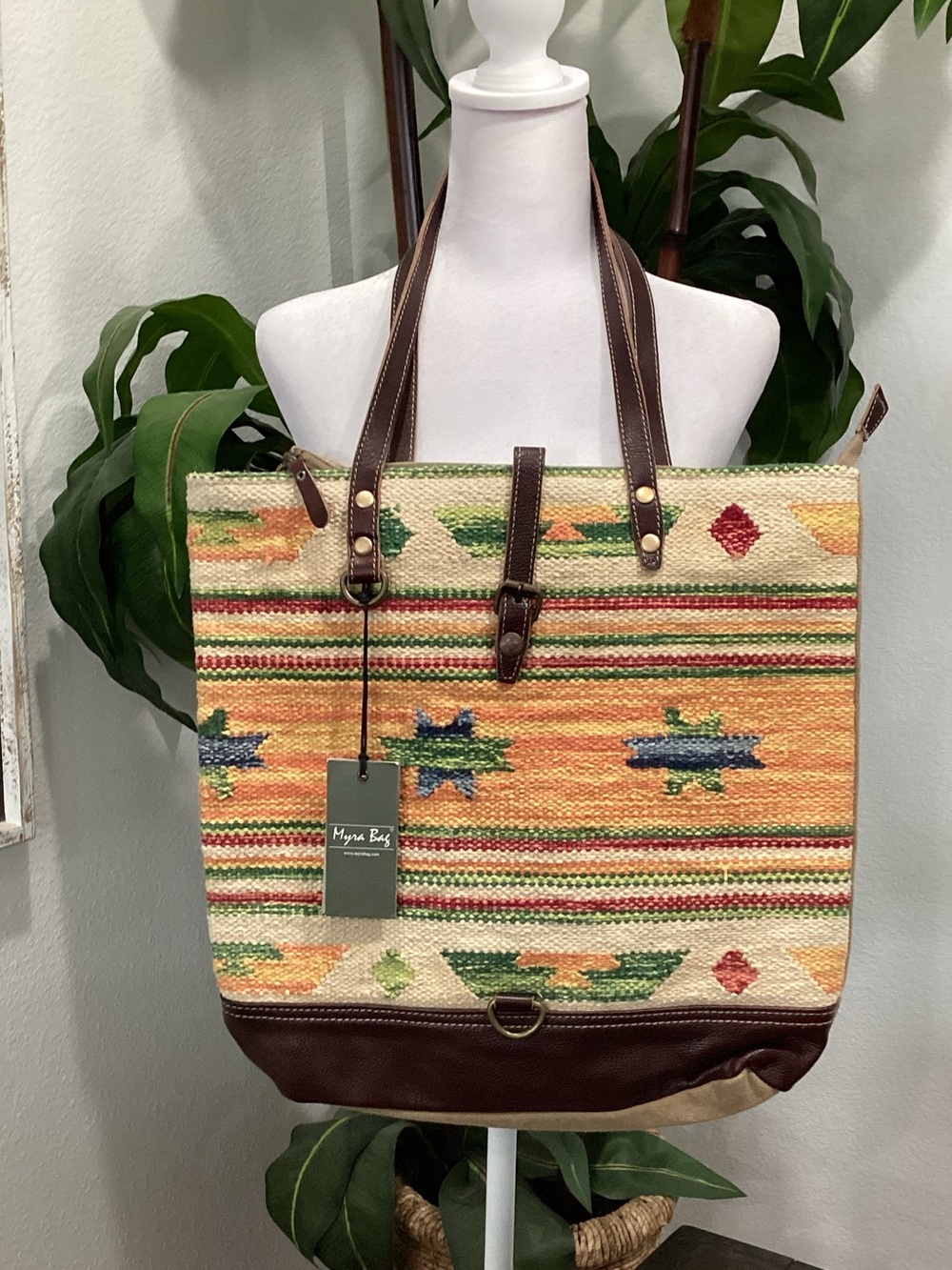 Myra Woven Leather-Trim Tote Bag in Multi-Color